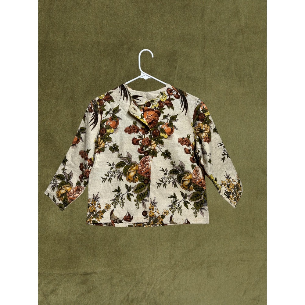 Vintage 1960s Du Pont Savalux Floral Bird Print Over Jacket Barkcloth Beige S